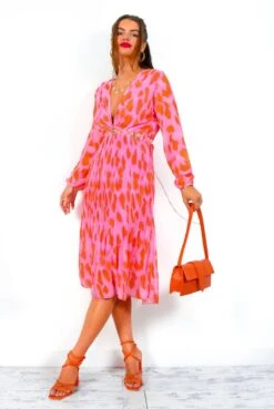 The Pleat Goes On - Pink Orange Animal Print Pleated Midi Dress