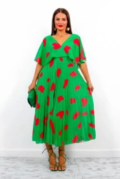 Timeless - Green Red Printed Pleated Maxi Dress -Deals Modashka Store Timeless GreenRedPrintedPleatedMaxiDress1