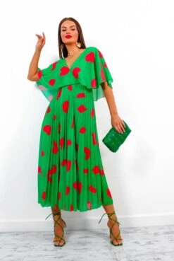 Timeless - Green Red Printed Pleated Maxi Dress -Deals Modashka Store Timeless GreenRedPrintedPleatedMaxiDress2
