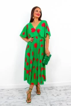 Timeless - Green Red Printed Pleated Maxi Dress -Deals Modashka Store Timeless GreenRedPrintedPleatedMaxiDress7