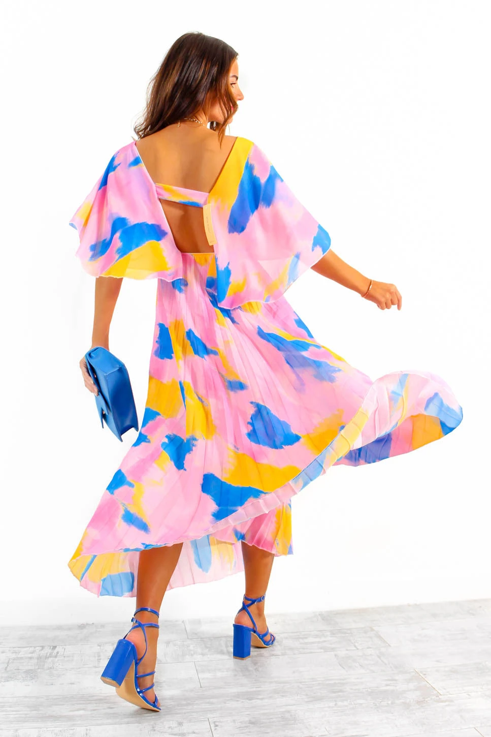Timeless - Pink Blue Orange Abstract Pleated Maxi Dress 4 Timeless - Pink Blue Orange Abstract Pleated Maxi Dress - Image 2