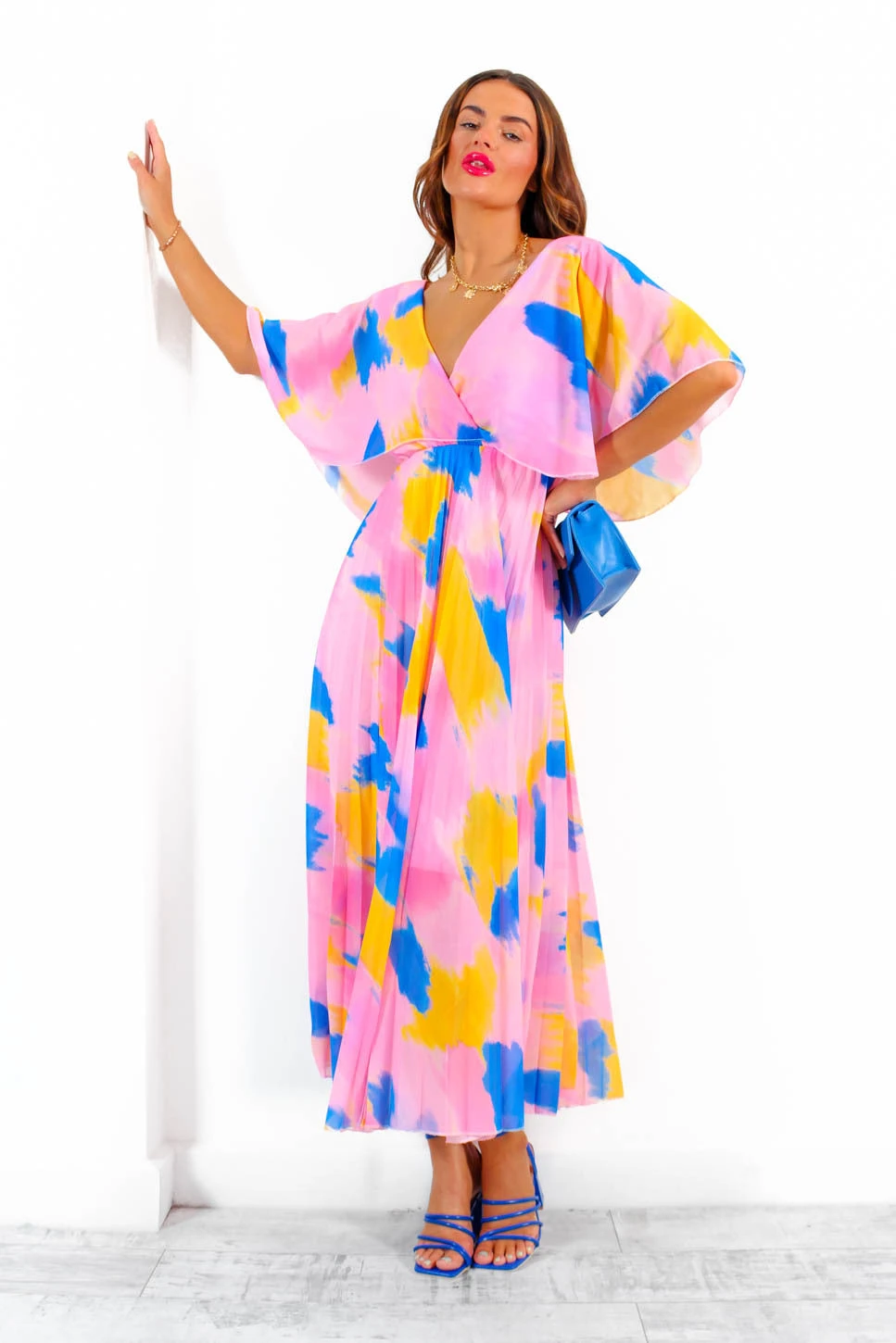 Timeless - Pink Blue Orange Abstract Pleated Maxi Dress 3 Timeless - Pink Blue Orange Abstract Pleated Maxi Dress