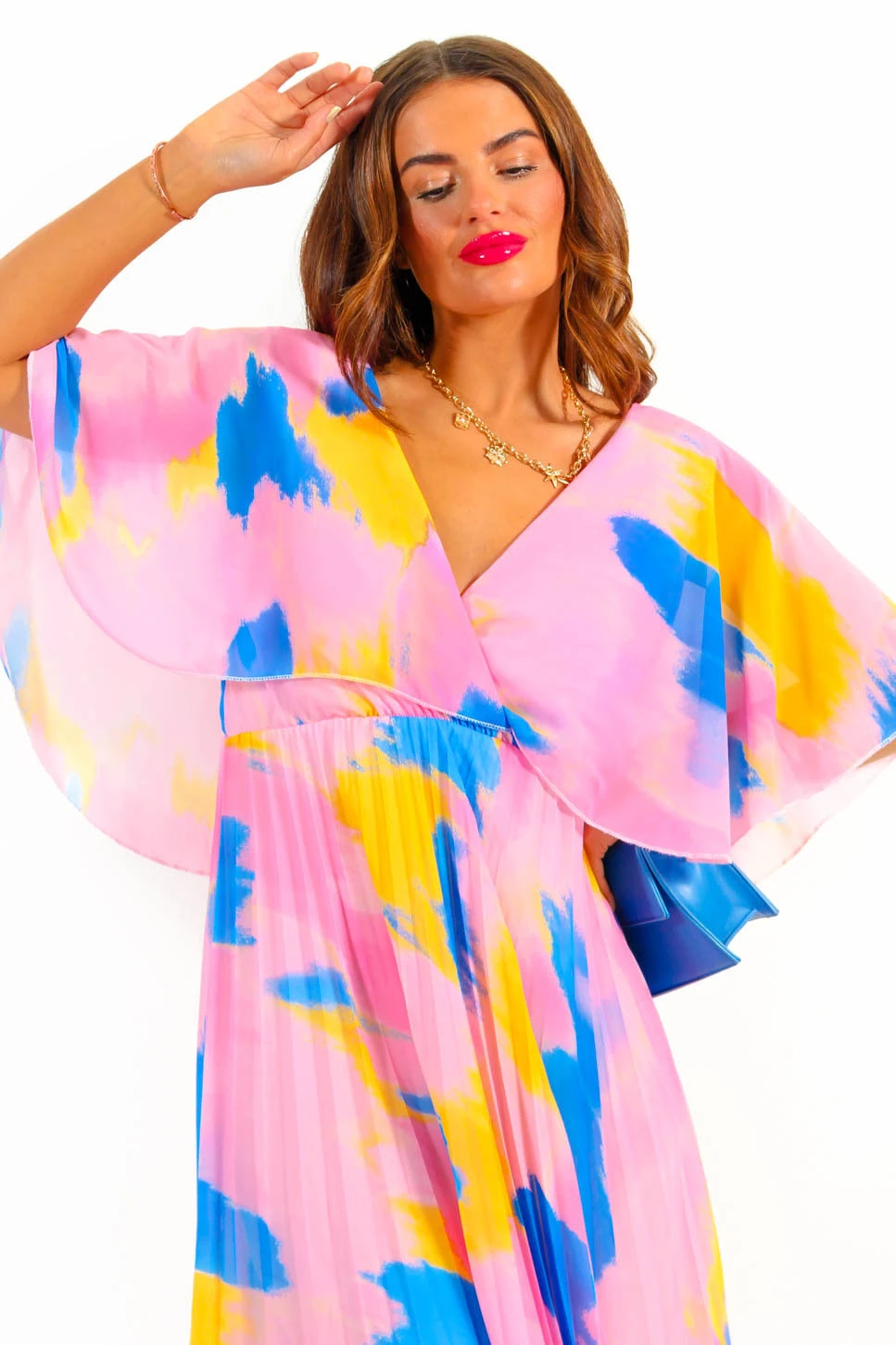 Timeless - Pink Blue Orange Abstract Pleated Maxi Dress 6 Timeless - Pink Blue Orange Abstract Pleated Maxi Dress - Image 4