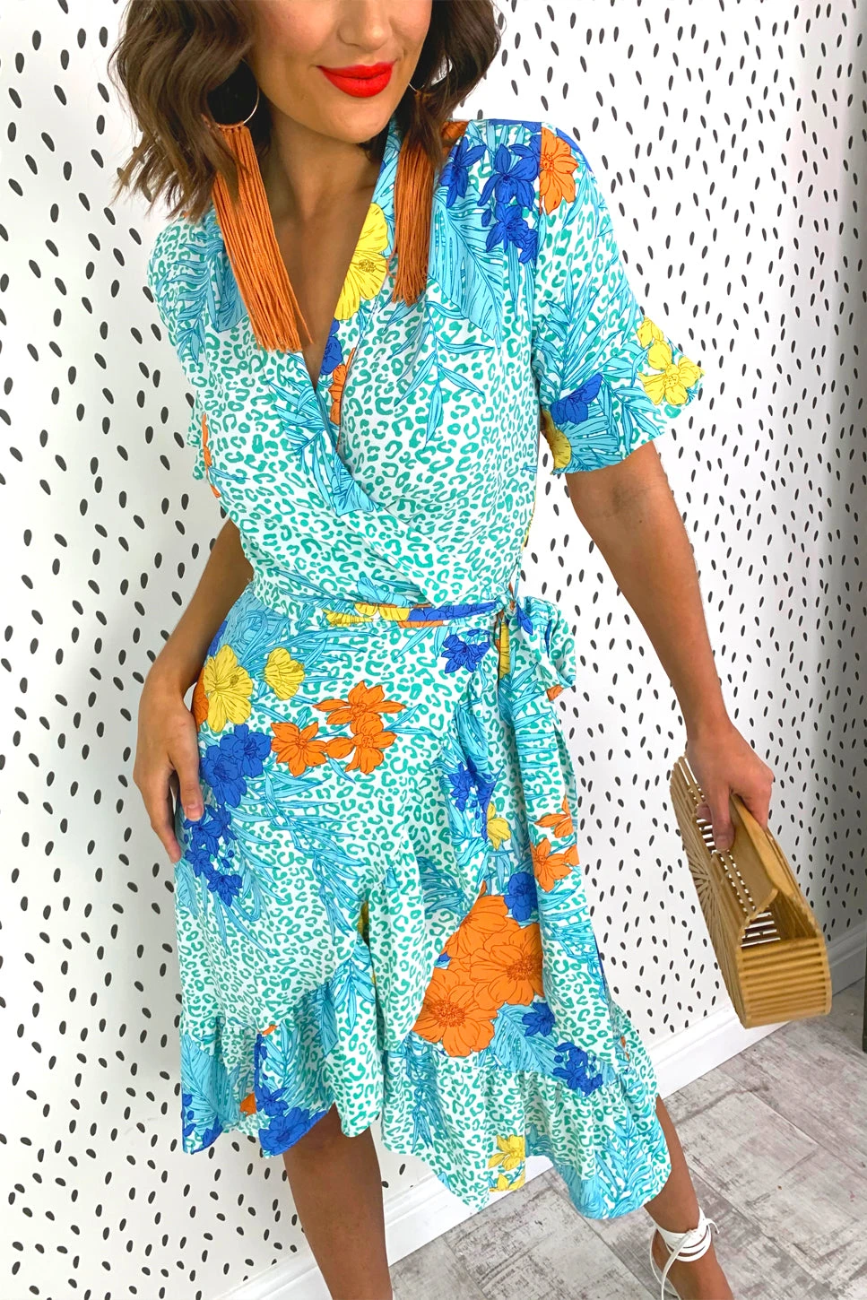 Tropical Getaway - Turquoise Wrap Dress 4 Tropical Getaway - Turquoise Wrap Dress - Image 2