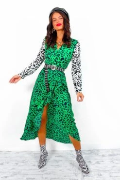 Two Timer - Green White Leopard Print Midi Dress -Deals Modashka Store TwoTimer GreenWhiteLeopardPrintMidiDress5