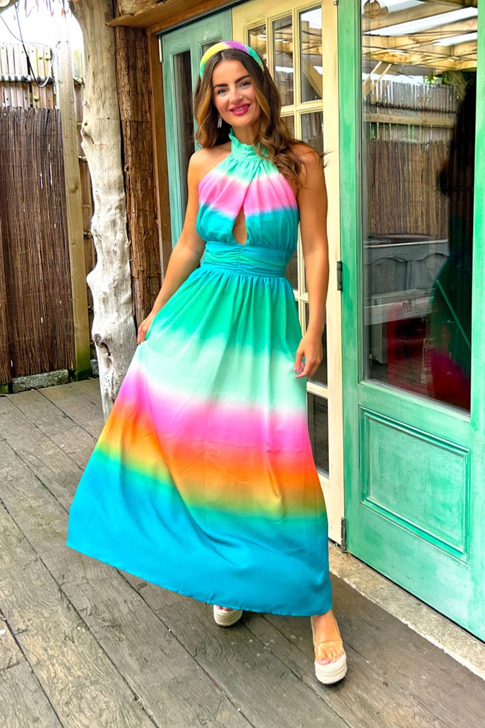 Want Hue Back - Green Pink Ombre Halter Neck Maxi Dress 3 Want Hue Back - Green Pink Ombre Halter Neck Maxi Dress