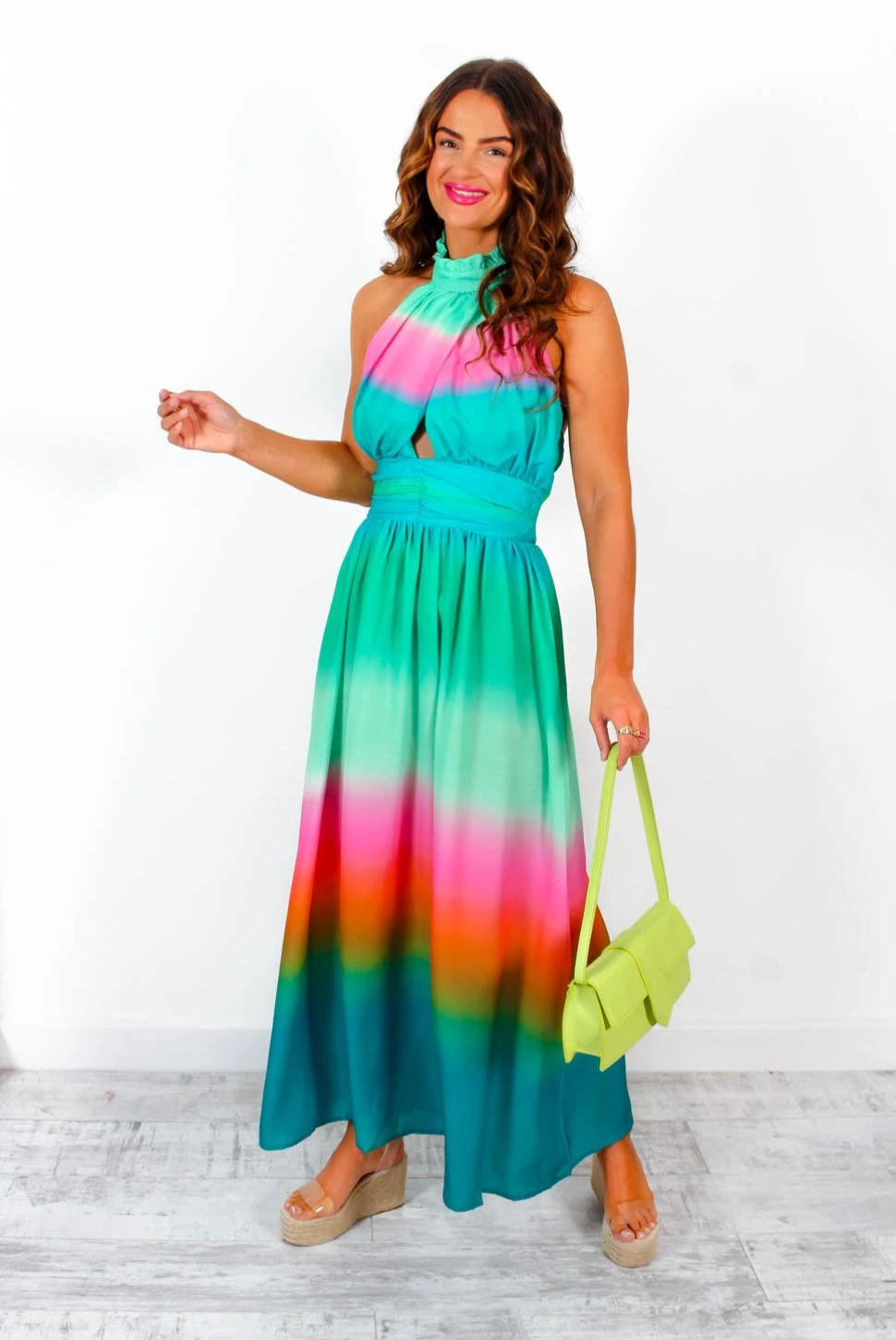 Want Hue Back - Green Pink Ombre Halter Neck Maxi Dress 4 Want Hue Back - Green Pink Ombre Halter Neck Maxi Dress - Image 2