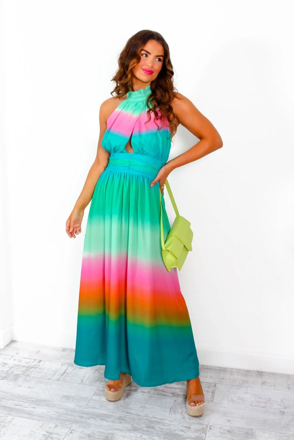 Want Hue Back - Green Pink Ombre Halter Neck Maxi Dress 7 Want Hue Back - Green Pink Ombre Halter Neck Maxi Dress - Image 5