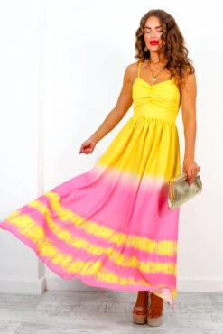 Want Hue Back - Yellow Pink Ombre Maxi Dress -Deals Modashka Store WantHueBack YellowPinkOmbreHalterNeckMaxiDress 4