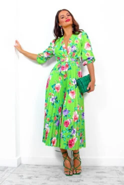 Watch Her Bloom - Green Floral Pleated Midi Dress -Deals Modashka Store WatchHerBloom GreenFloralPleatedMidiDress3