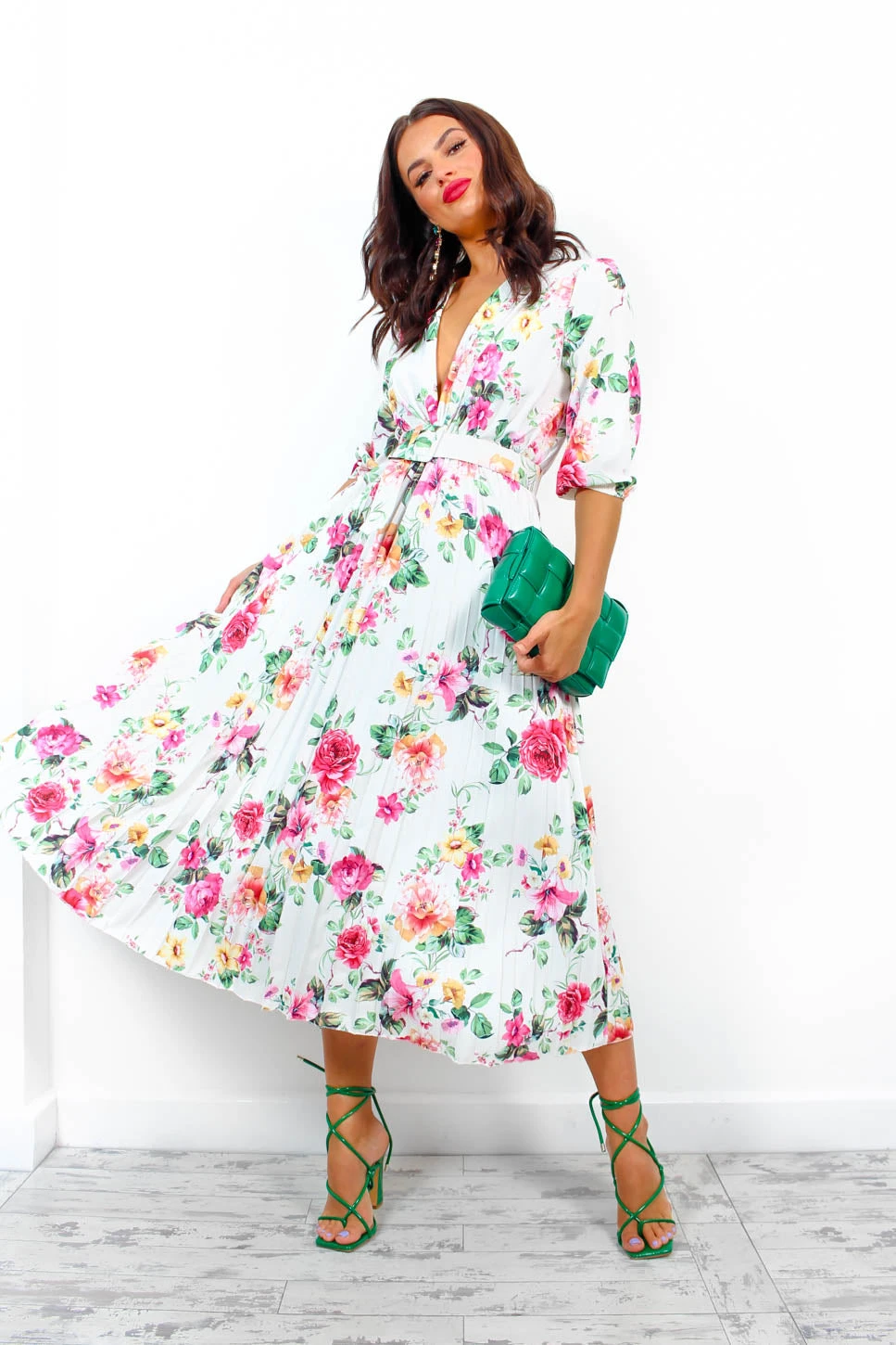 Watch Her Bloom - White Floral Pleated Midi Dress 6 Watch Her Bloom - White Floral Pleated Midi Dress - Image 4