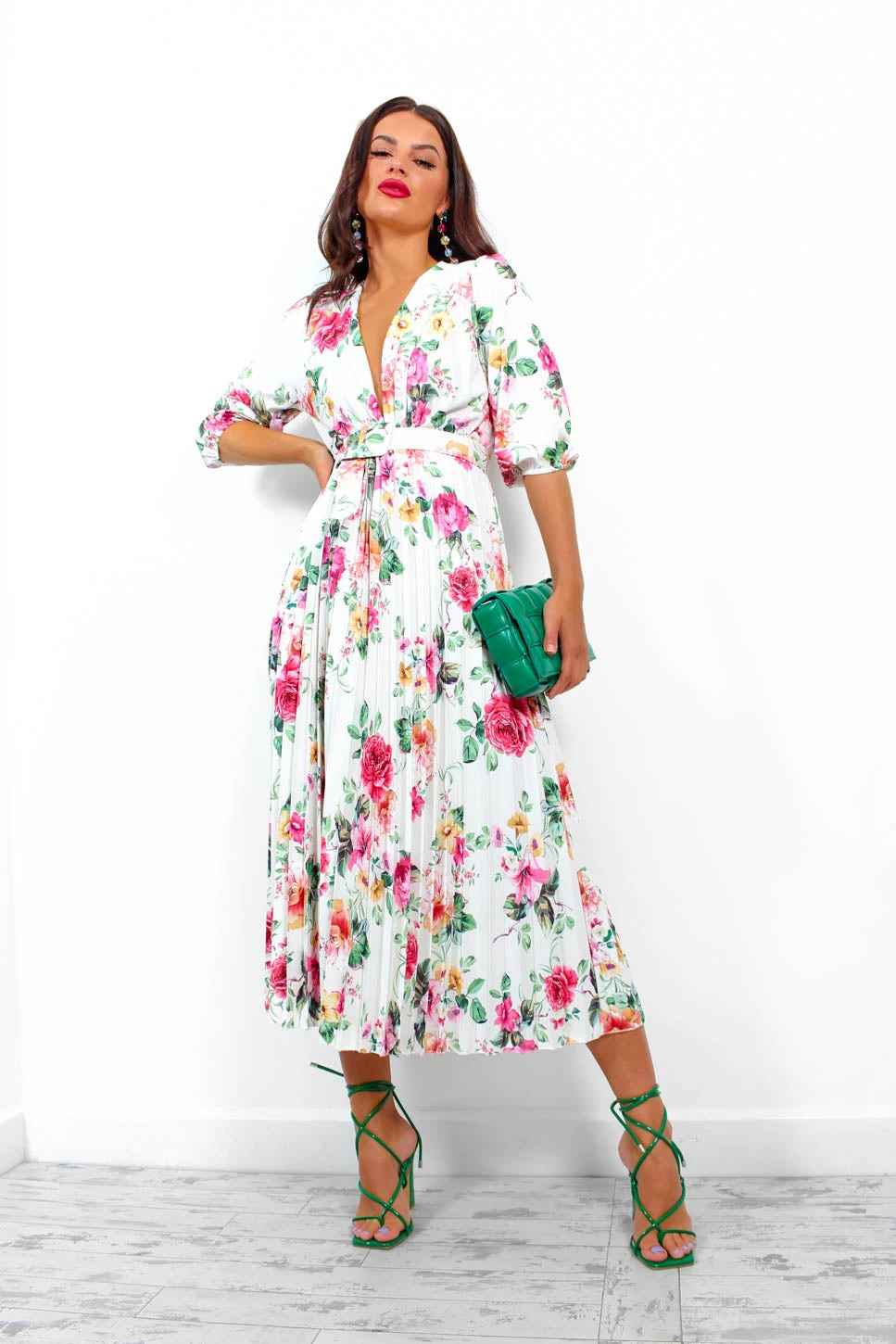 Watch Her Bloom - White Floral Pleated Midi Dress 4 Watch Her Bloom - White Floral Pleated Midi Dress - Image 2