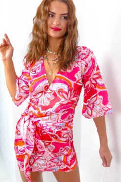 What A Breeze - Hot Pink Print Wrap Dress -Deals Modashka Store WhatABreeze HotPinkPrintWrapDress4