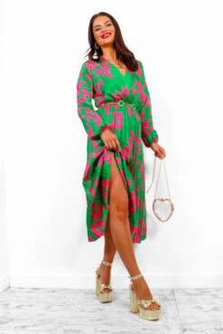 Whisk You Away - Green Pink Floral Pleated Midi Dress -Deals Modashka Store WhiskYouAway GreenPinkFloralPleatedMidiDress 1