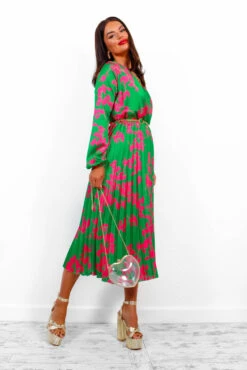 Whisk You Away - Green Pink Floral Pleated Midi Dress -Deals Modashka Store WhiskYouAway GreenPinkFloralPleatedMidiDress 3