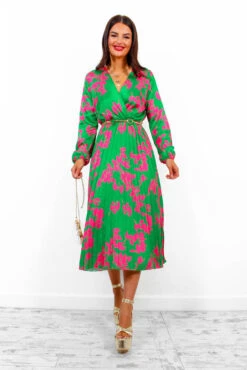 Whisk You Away - Green Pink Floral Pleated Midi Dress -Deals Modashka Store WhiskYouAway GreenPinkFloralPleatedMidiDress 5