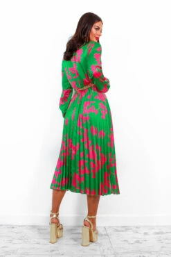 Whisk You Away - Green Pink Floral Pleated Midi Dress -Deals Modashka Store WhiskYouAway GreenPinkFloralPleatedMidiDress 6
