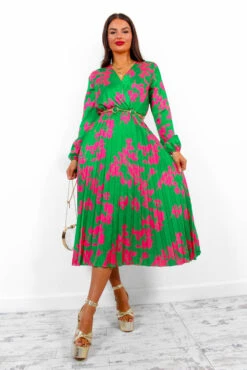 Whisk You Away - Green Pink Floral Pleated Midi Dress -Deals Modashka Store WhiskYouAway GreenPinkFloralPleatedMidiDress 7