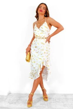 Wild About You - White Gold Feather Print Midi Dress -Deals Modashka Store WildAboutYou WhiteGoldFeatherPrintMidiDress 4