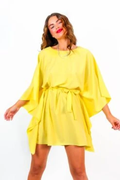 Winging It - Yellow Tie Waist Batwing Mini Dress -Deals Modashka Store WingingIt YellowTieWaistBatwingMiniDress 1