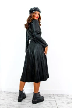 Without Limits - Black Faux Leather Pleated Midi Dress -Deals Modashka Store WithoutLimits BlackFauxLeatherPleatedMidiDress 1