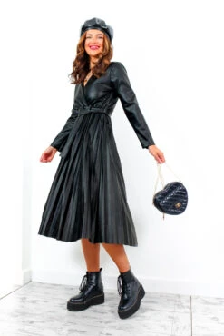 Without Limits - Black Faux Leather Pleated Midi Dress -Deals Modashka Store WithoutLimits BlackFauxLeatherPleatedMidiDress 2