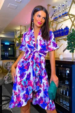 Wrapped With Love - Blue Purple Floral Midi Wrap Dress