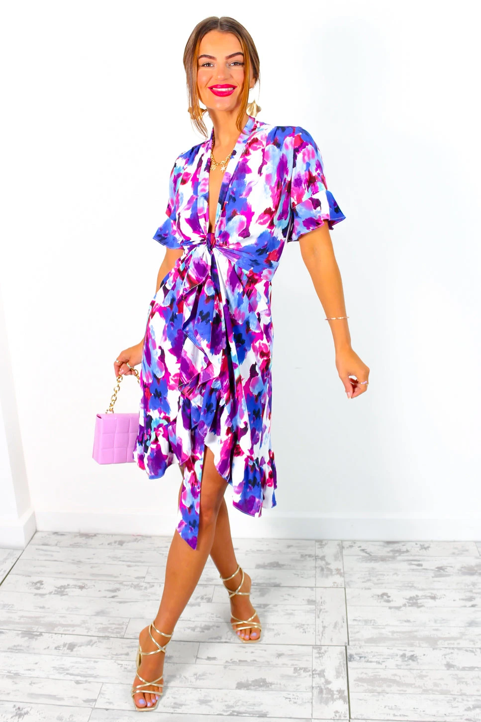 Wrapped With Love - Blue Purple Floral Midi Wrap Dress 6 Wrapped With Love - Blue Purple Floral Midi Wrap Dress - Image 4