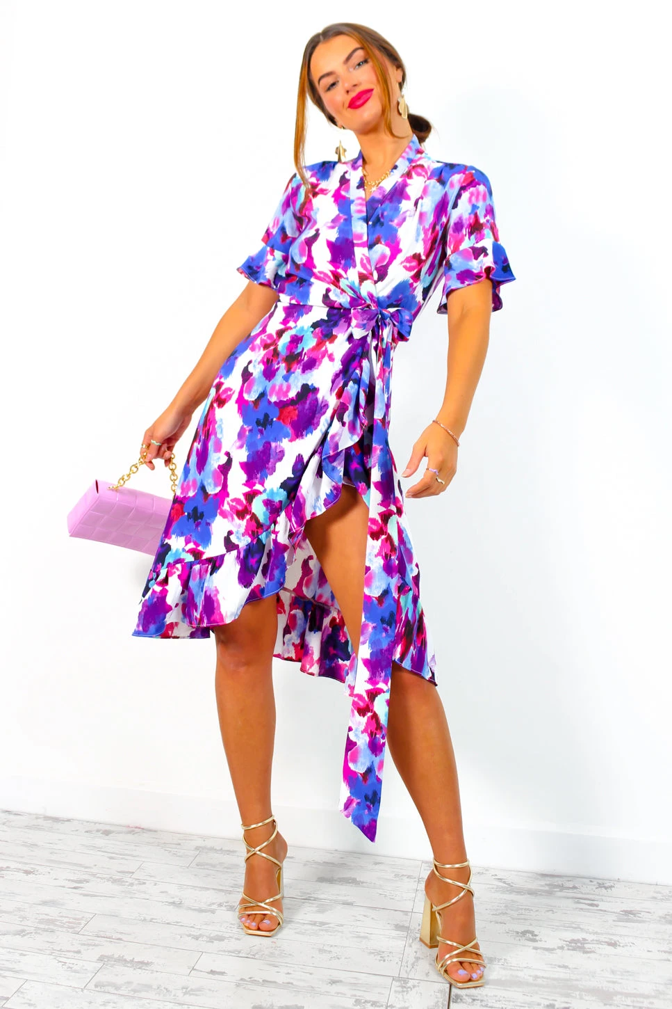 Wrapped With Love - Blue Purple Floral Midi Wrap Dress 5 Wrapped With Love - Blue Purple Floral Midi Wrap Dress - Image 3