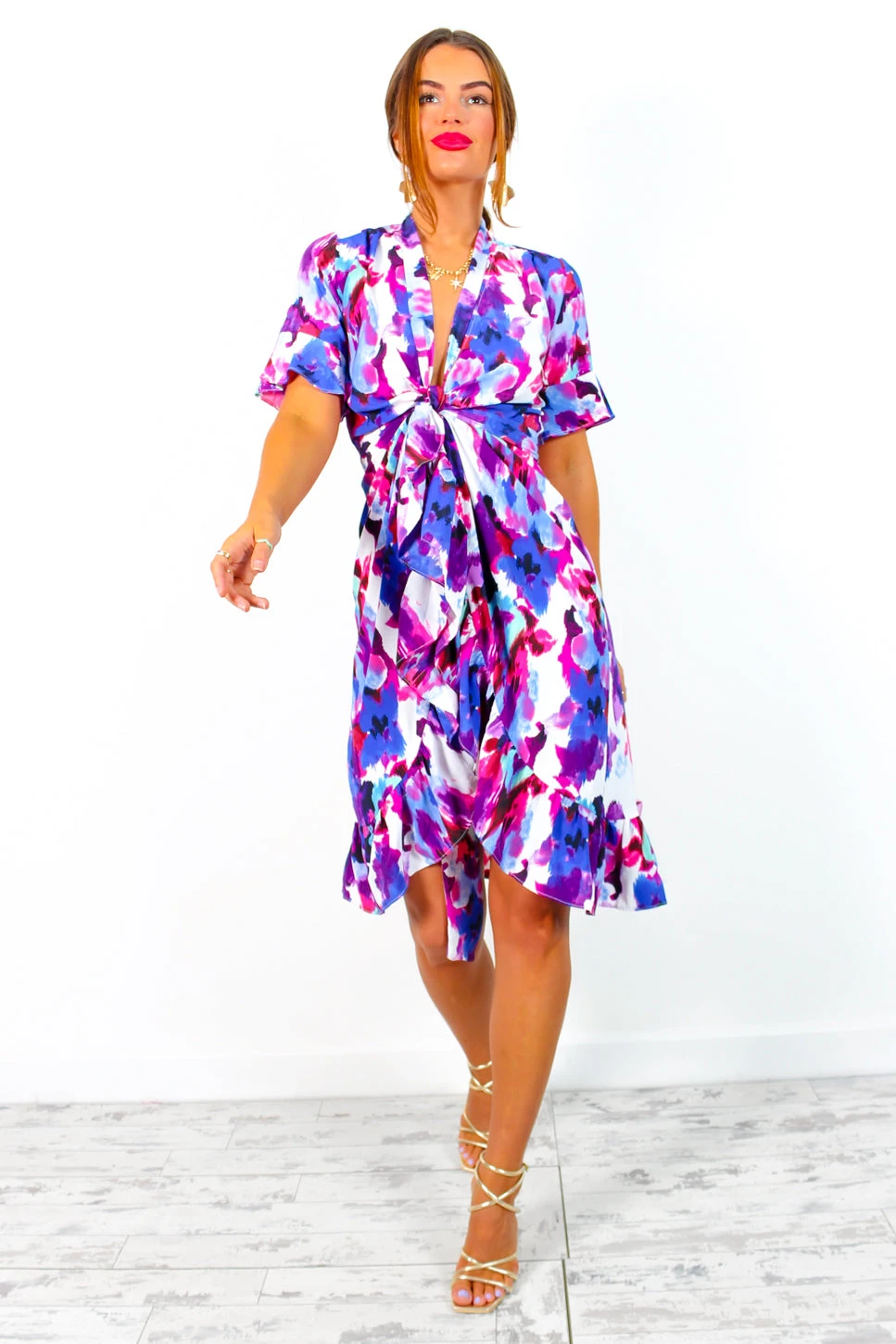 Wrapped With Love - Blue Purple Floral Midi Wrap Dress 4 Wrapped With Love - Blue Purple Floral Midi Wrap Dress - Image 2
