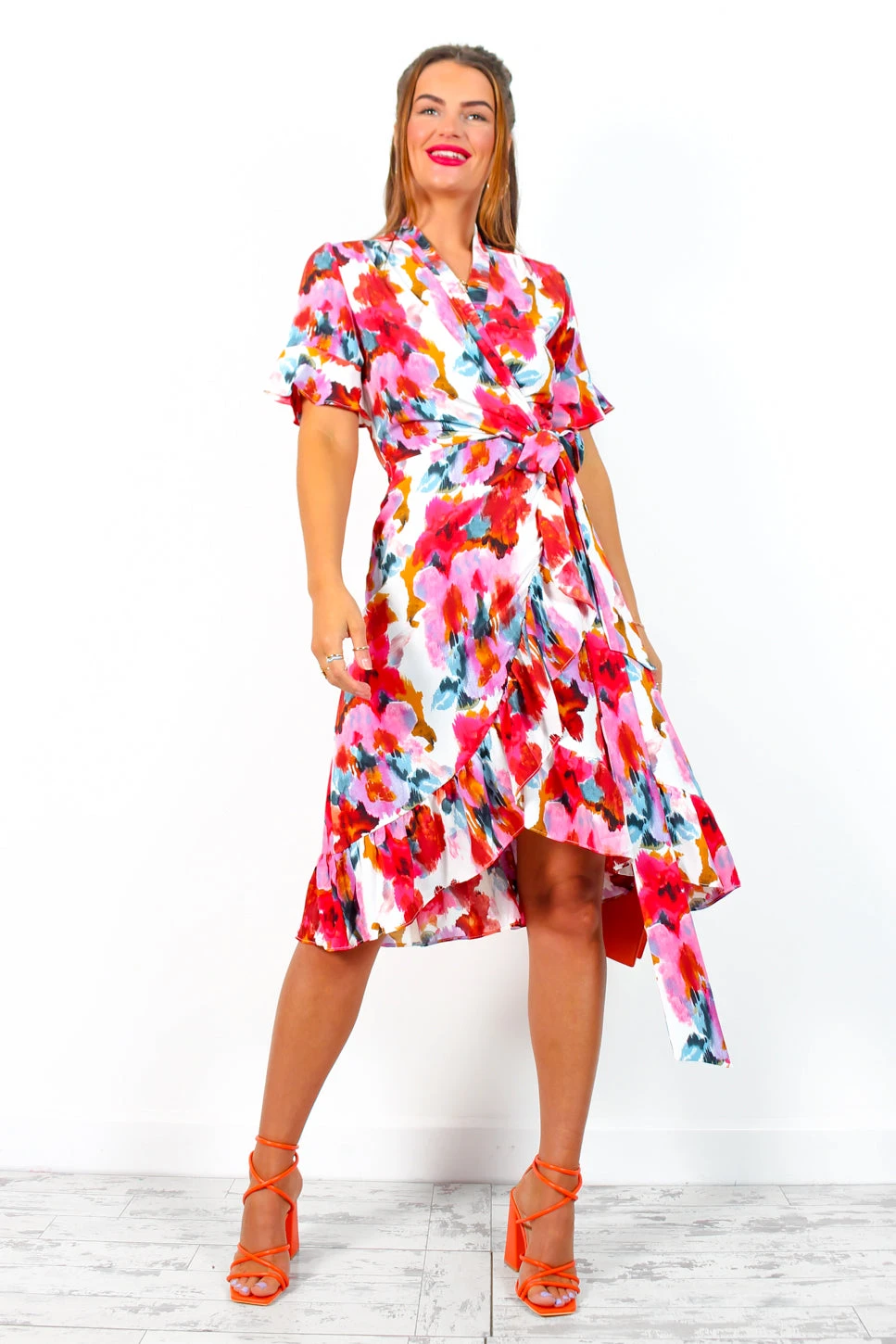 Wrapped With Love - White Red Floral Midi Wrap Dress 7 Wrapped With Love - White Red Floral Midi Wrap Dress - Image 5