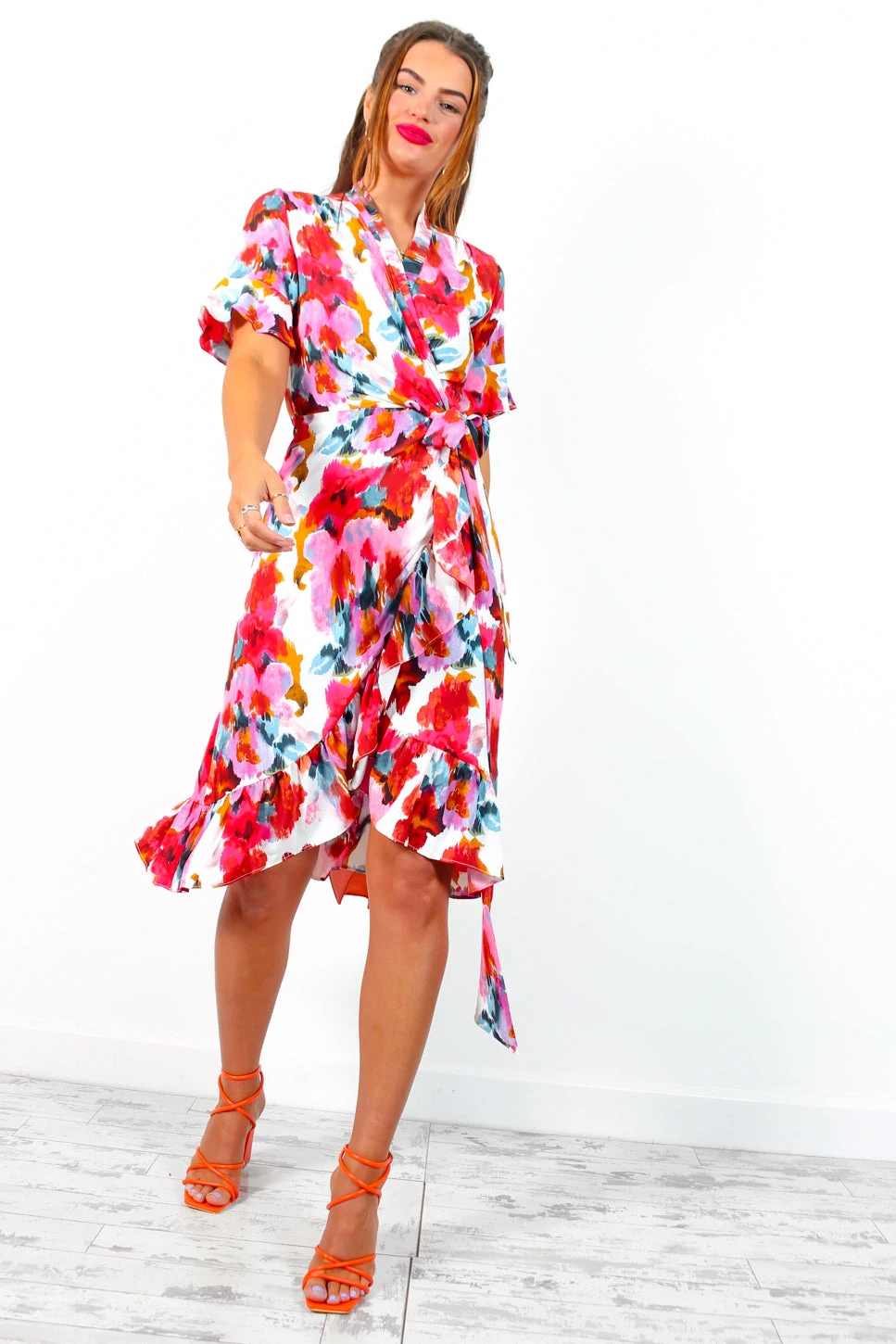 Wrapped With Love - White Red Floral Midi Wrap Dress 8 Wrapped With Love - White Red Floral Midi Wrap Dress - Image 6