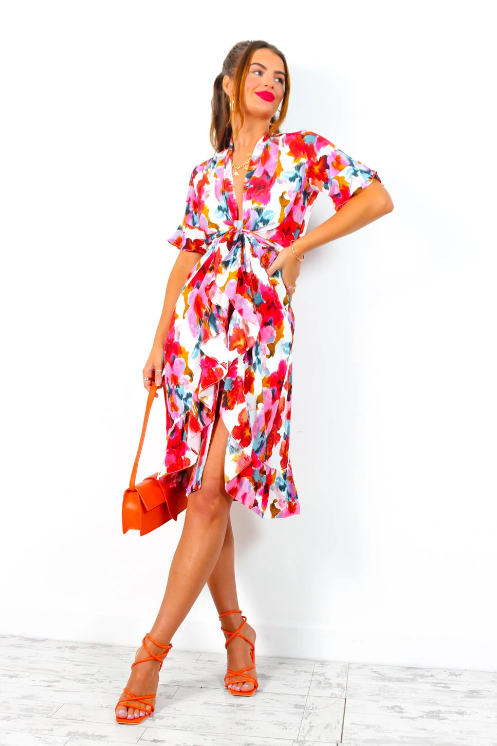 Wrapped With Love - White Red Floral Midi Wrap Dress 3 Wrapped With Love - White Red Floral Midi Wrap Dress