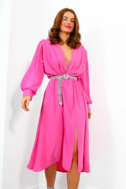Yours To Keep - Candy Pink Midi Dress -Deals Modashka Store YoursToKeep PinkChiffonWrapStyleMidiDress2